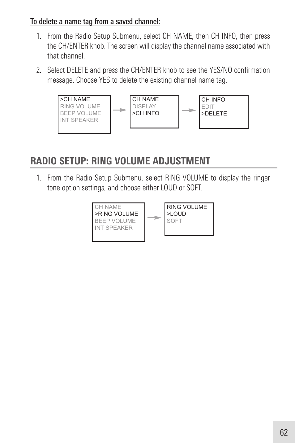 Radio setup: ring volume adjustment | Humminbird VHF255SW User Manual | Page 63 / 90