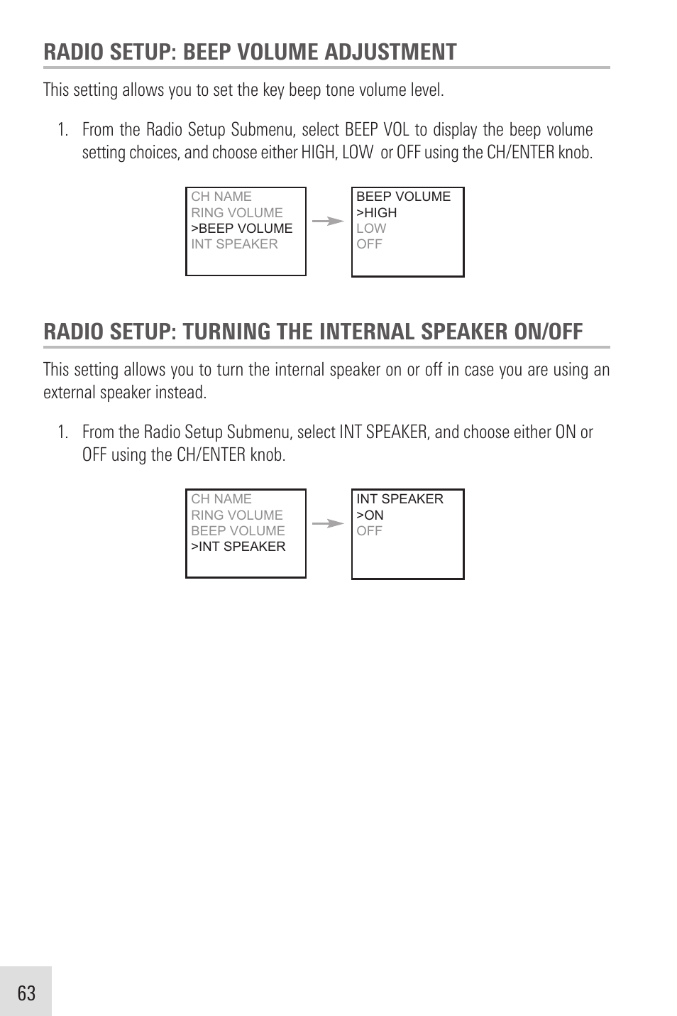 Radio setup: beep volume adjustment, Radio setup: turning the internal speaker on/off | Humminbird VHF255SW User Manual | Page 64 / 90