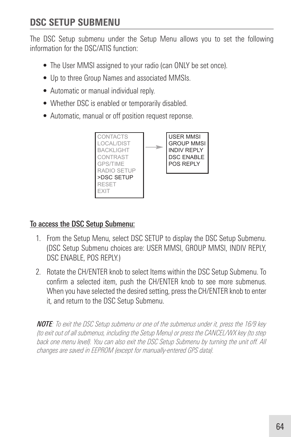 Dsc setup submenu | Humminbird VHF255SW User Manual | Page 65 / 90