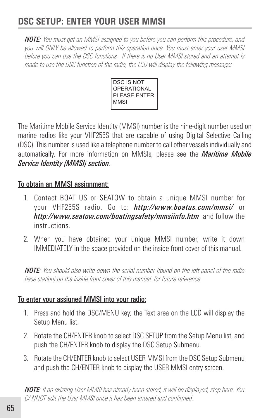 Dsc setup: enter your user mmsi | Humminbird VHF255SW User Manual | Page 66 / 90