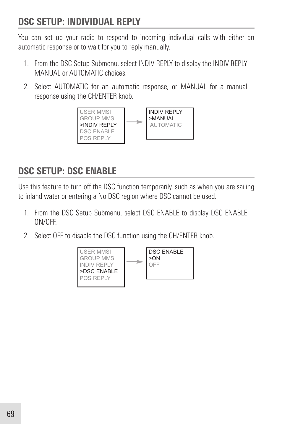 Dsc setup: individual reply, Dsc setup: dsc enable | Humminbird VHF255SW User Manual | Page 70 / 90