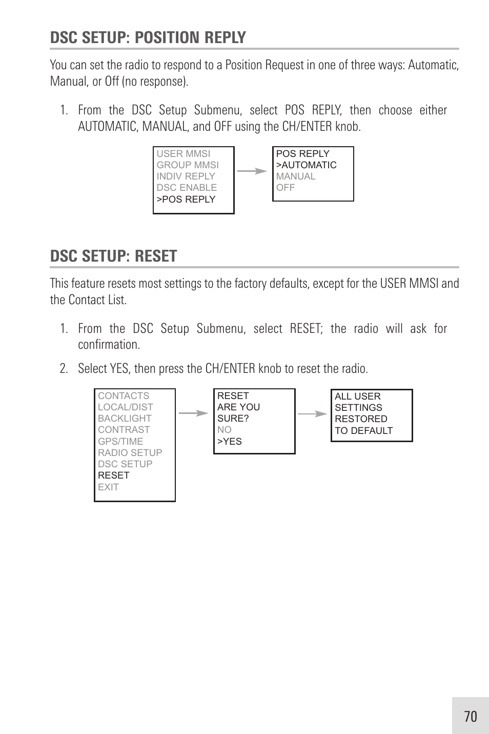 Dsc setup: position reply, Dsc setup: reset | Humminbird VHF255SW User Manual | Page 71 / 90