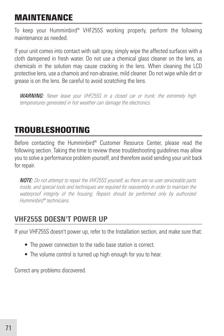 Maintenance, Troubleshooting, Vhf255s doesn't power up | Humminbird VHF255SW User Manual | Page 72 / 90