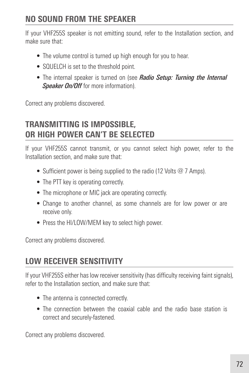 No sound from the speaker, Low receiver sensitivity | Humminbird VHF255SW User Manual | Page 73 / 90