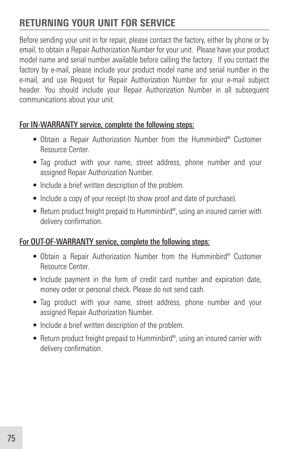 Returning your unit for service | Humminbird VHF255SW User Manual | Page 76 / 90