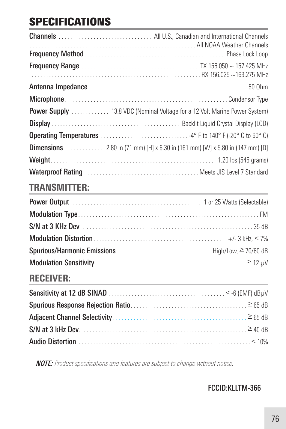 Specifications, Transmitter, Receiver | Humminbird VHF255SW User Manual | Page 77 / 90