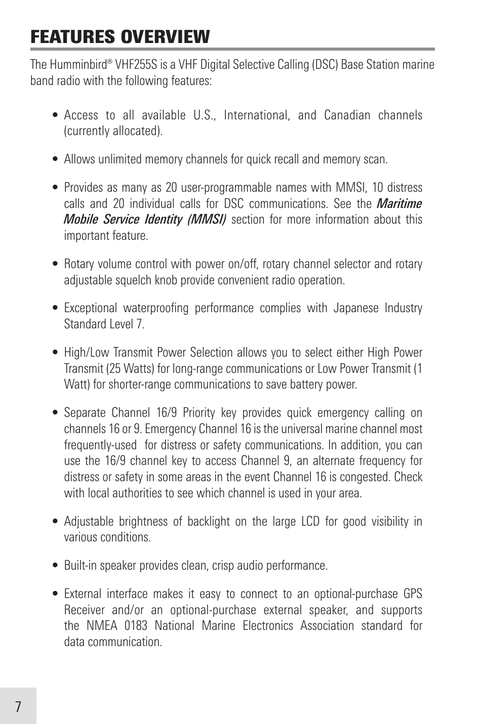 Features overview | Humminbird VHF255SW User Manual | Page 8 / 90