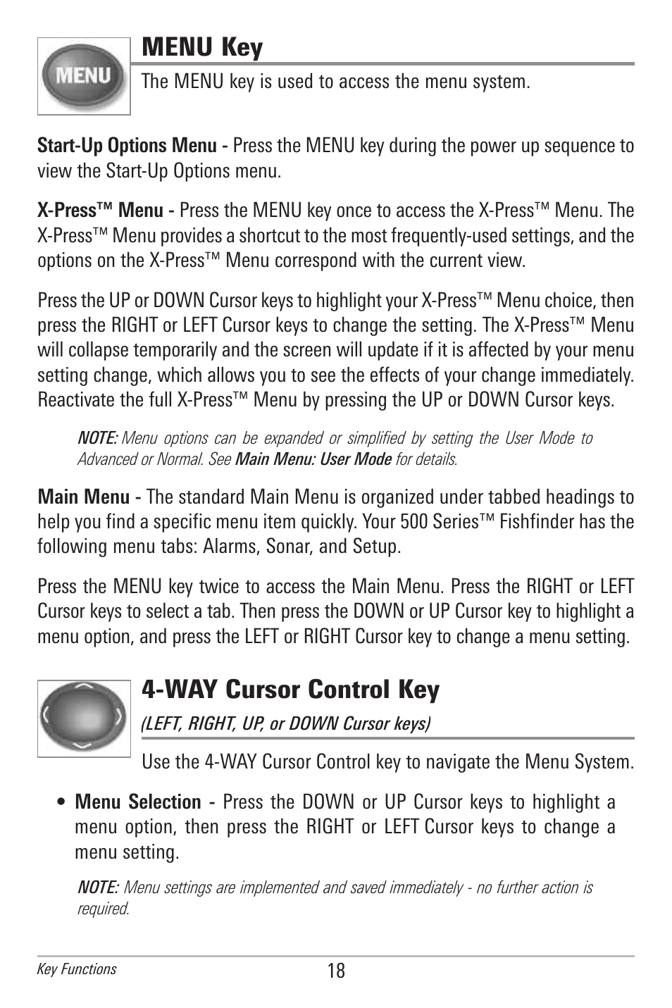 Menu key, Way cursor control key | Humminbird 500 SERIES 596C User Manual | Page 26 / 82