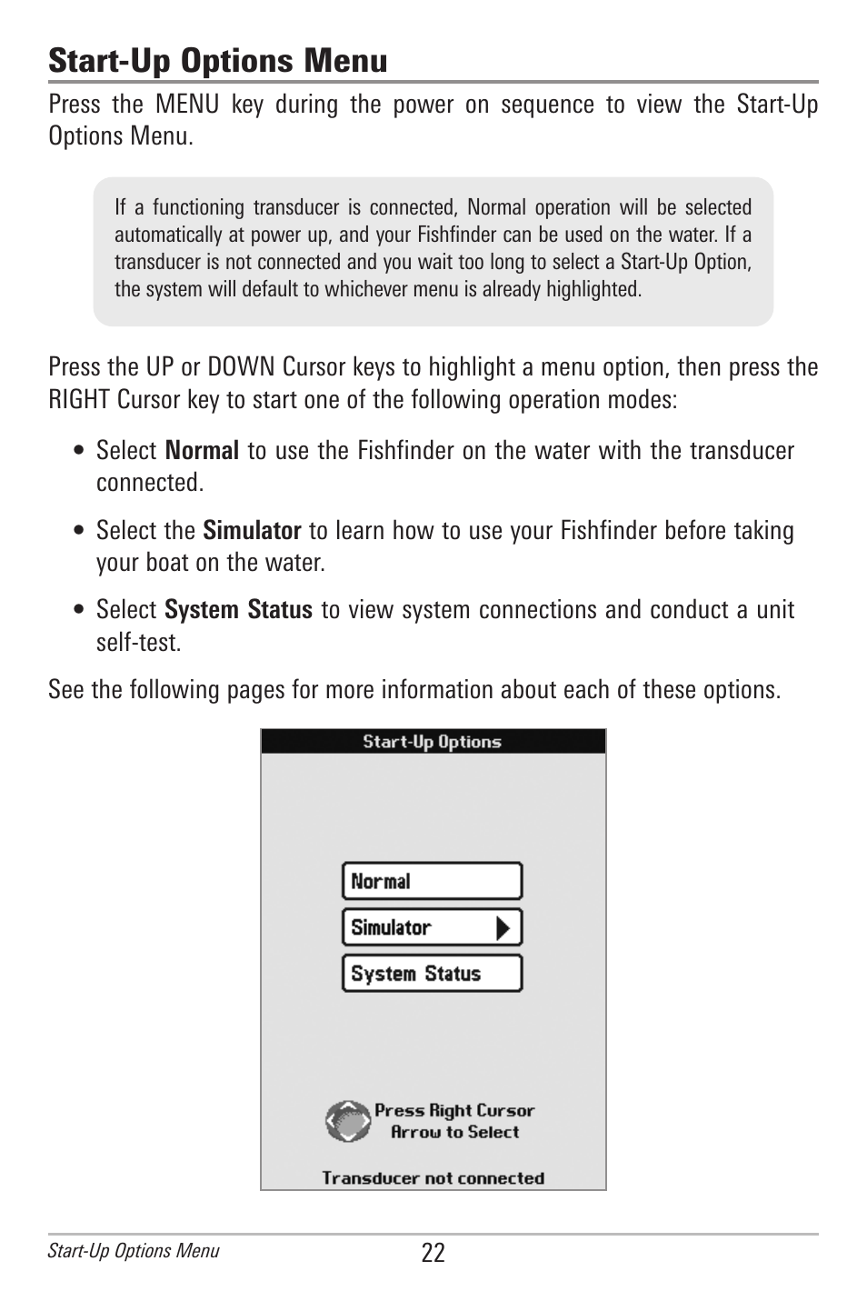 Start-up options menu | Humminbird 500 SERIES 596C User Manual | Page 30 / 82
