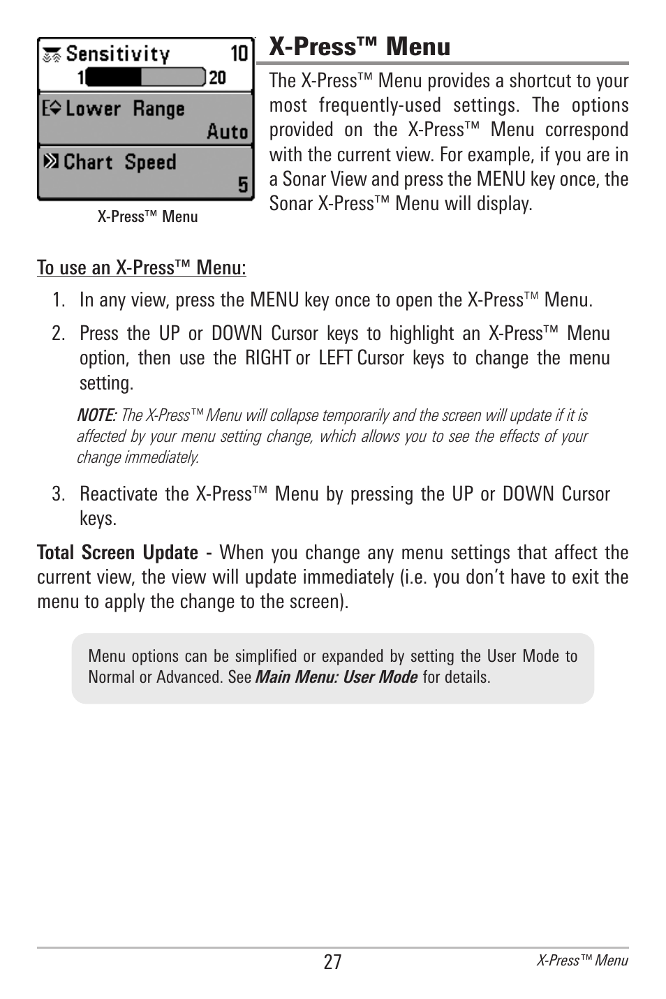 X-press™ menu | Humminbird 500 SERIES 596C User Manual | Page 35 / 82