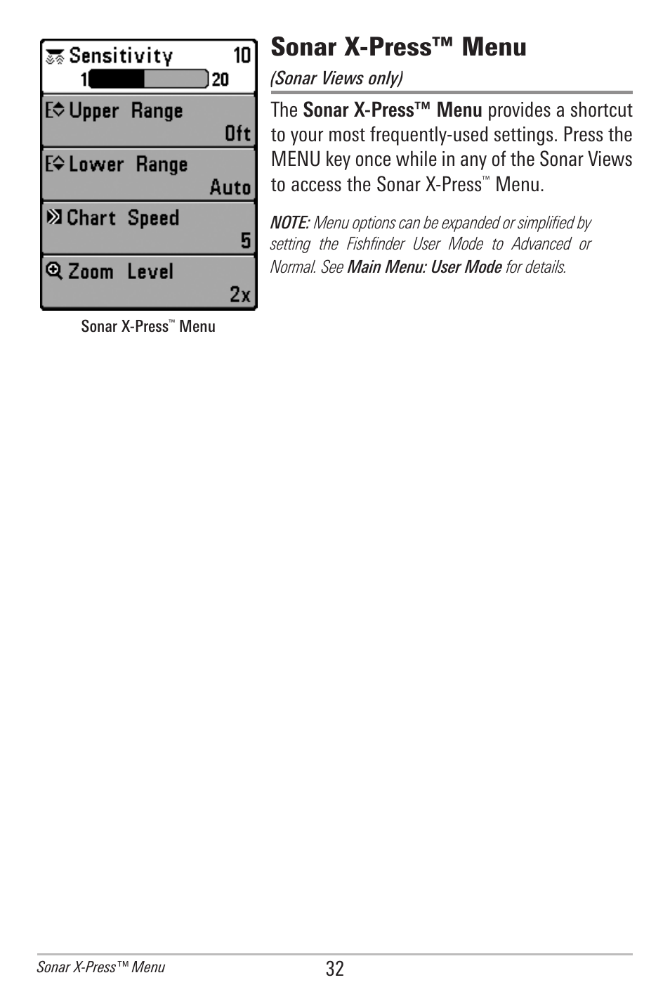 Sonar x-press™ menu, Menu | Humminbird 500 SERIES 596C User Manual | Page 40 / 82