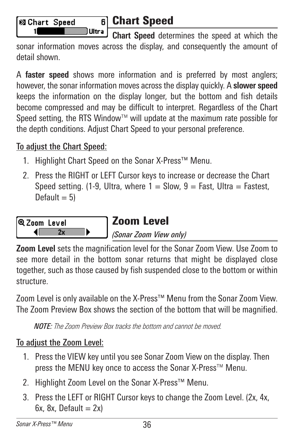 Chart speed, Zoom level | Humminbird 500 SERIES 596C User Manual | Page 44 / 82