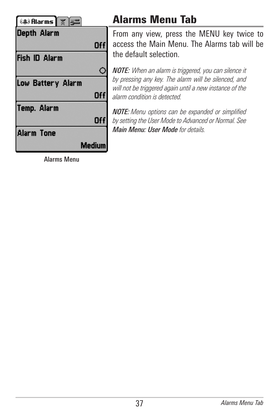 Alarms menu tab | Humminbird 500 SERIES 596C User Manual | Page 45 / 82