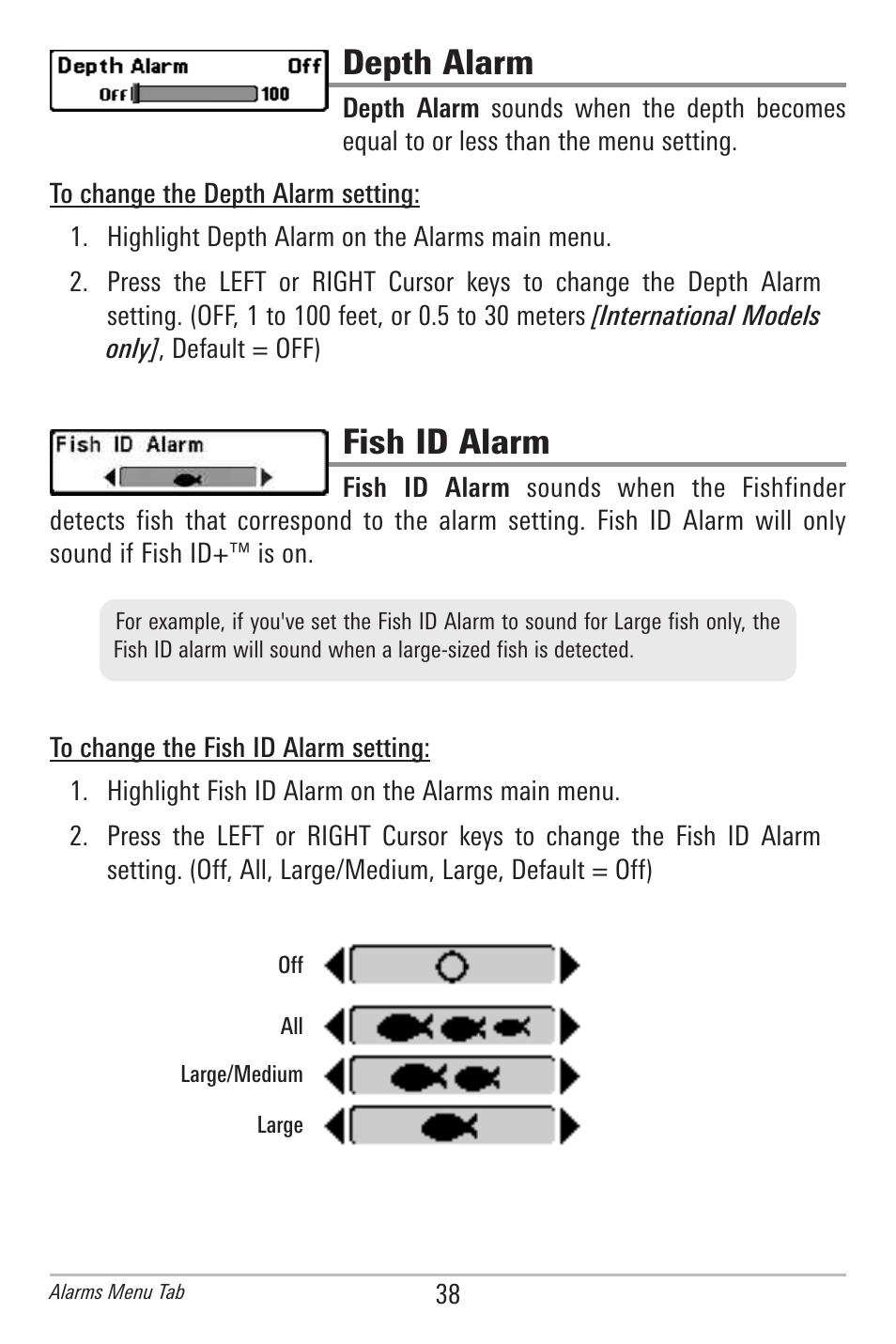 Depth alarm, Fish id alarm | Humminbird 500 SERIES 596C User Manual | Page 46 / 82