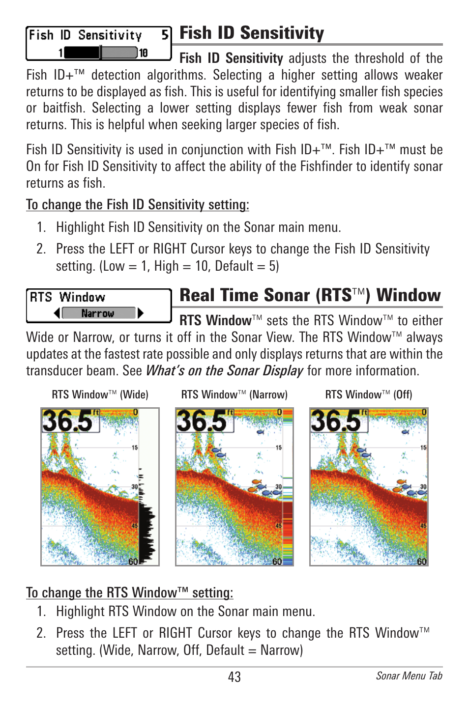 Fish id sensitivity, Real time sonar (rts ™ ) window | Humminbird 500 SERIES 596C User Manual | Page 51 / 82