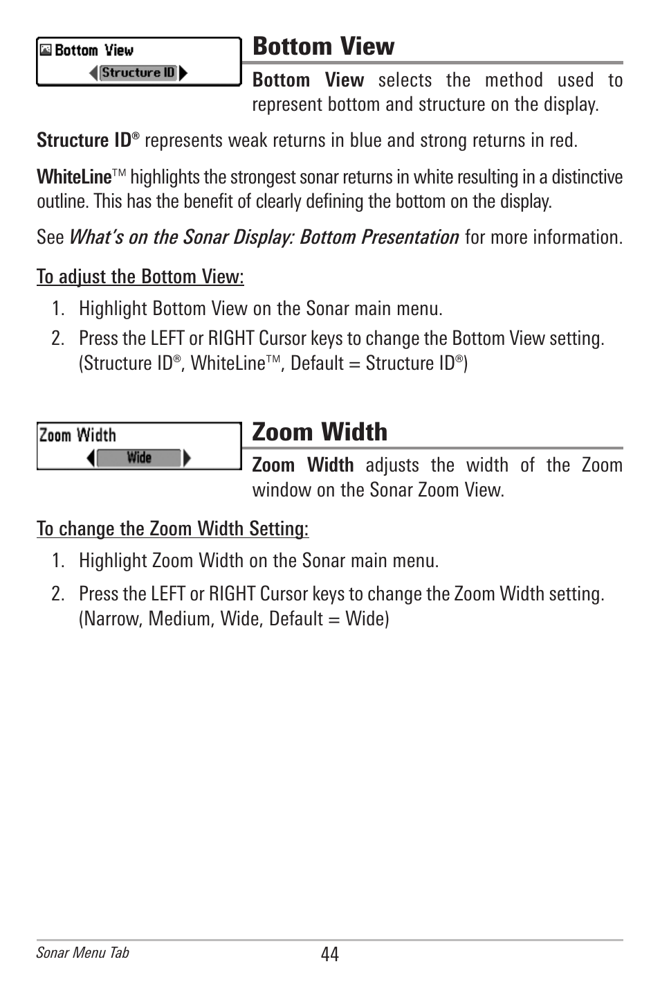 Bottom view, Zoom width | Humminbird 500 SERIES 596C User Manual | Page 52 / 82