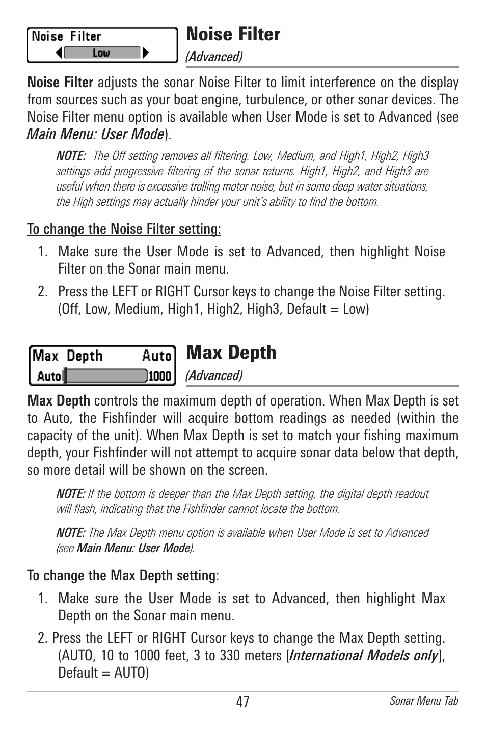 Noise filter, Max depth | Humminbird 500 SERIES 596C User Manual | Page 55 / 82