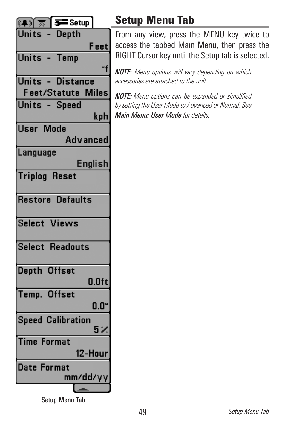 Setup menu tab | Humminbird 500 SERIES 596C User Manual | Page 57 / 82