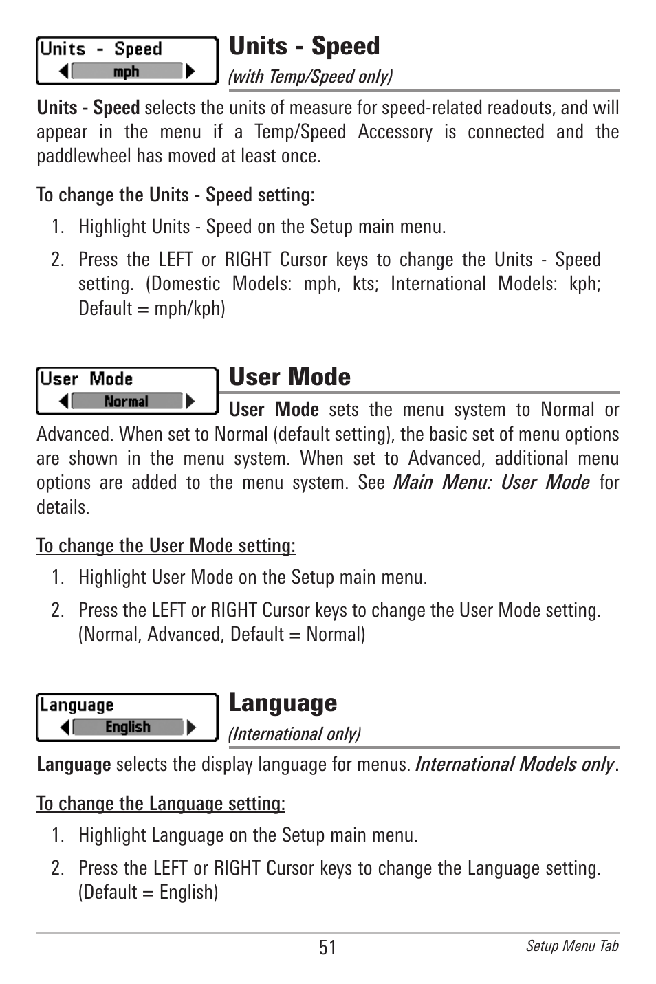 Units - speed, User mode, Language | Humminbird 500 SERIES 596C User Manual | Page 59 / 82