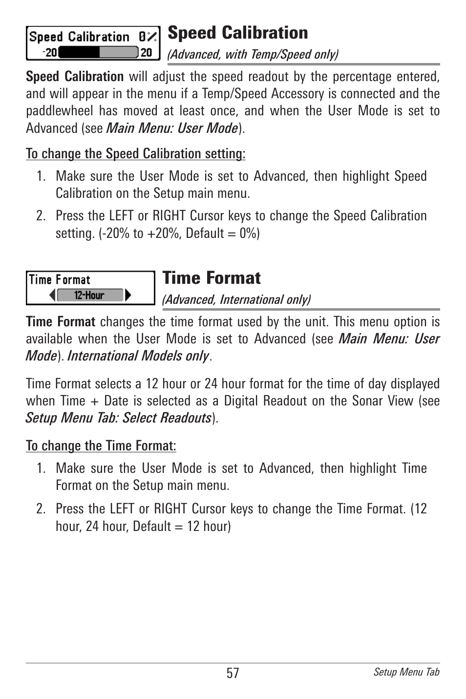 Speed calibration, Time format | Humminbird 500 SERIES 596C User Manual | Page 65 / 82