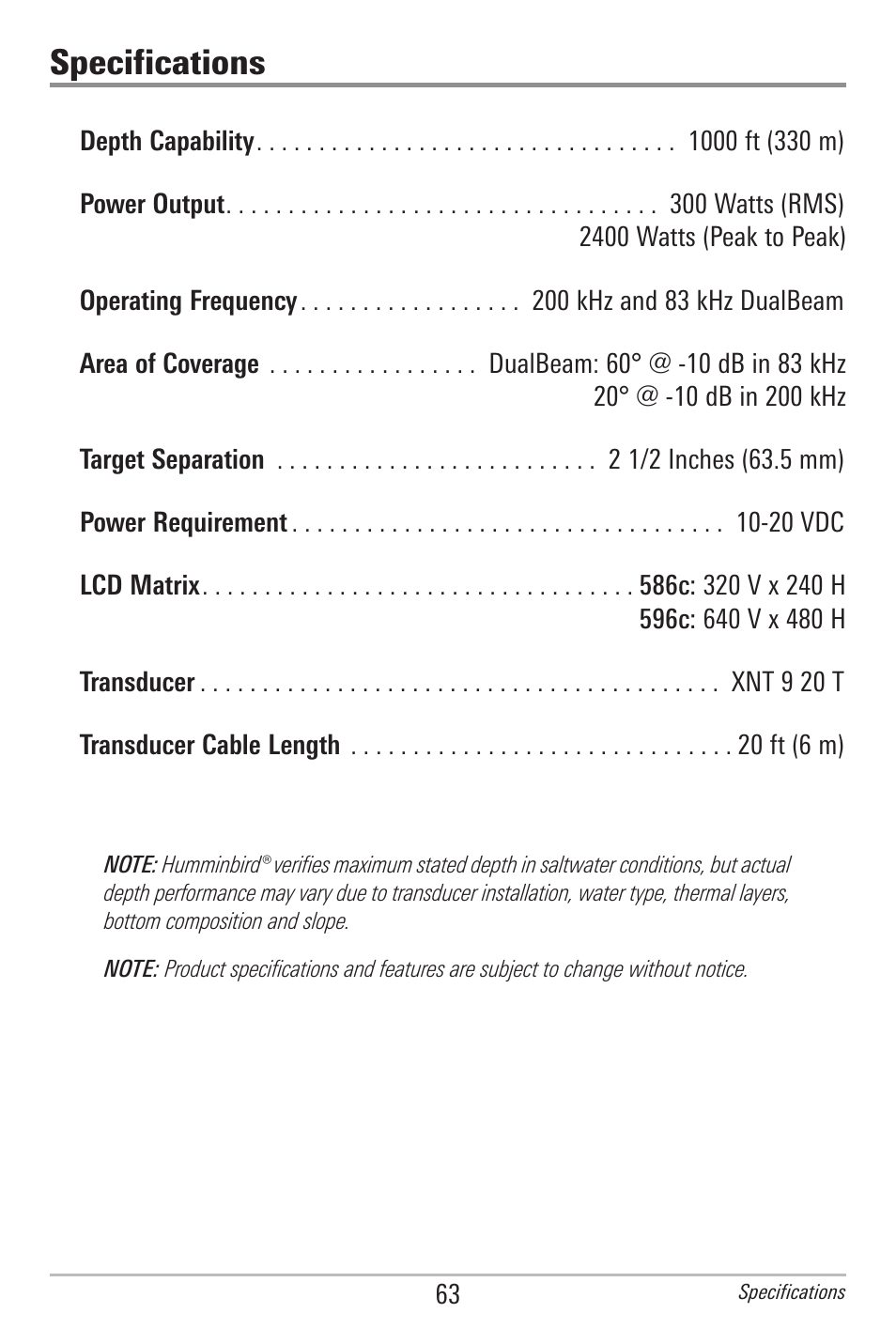 Specifications | Humminbird 500 SERIES 596C User Manual | Page 71 / 82