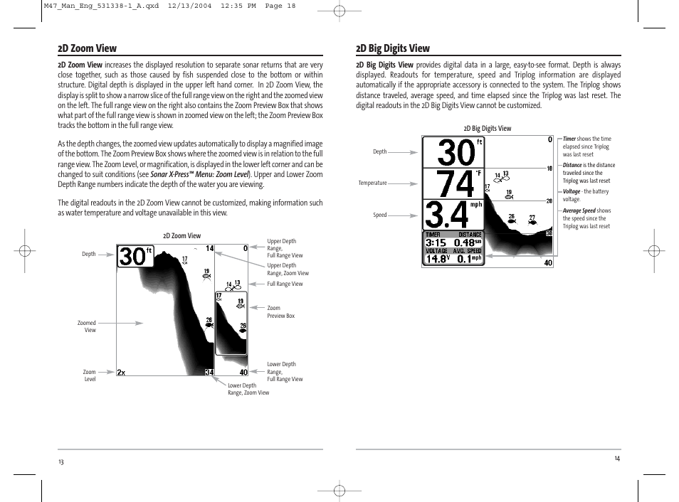 2d big digits view, 2d zoom view | Humminbird Matrix 531338-1_A User Manual | Page 10 / 33