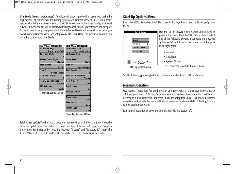 Start-up options menu, Normal operation | Humminbird Matrix 531338-1_A User Manual | Page 14 / 33