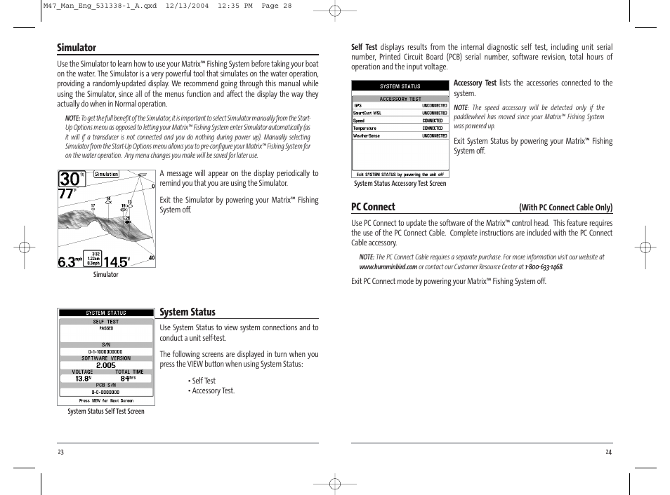 Pc connect, Simulator, System status | Humminbird Matrix 531338-1_A User Manual | Page 15 / 33