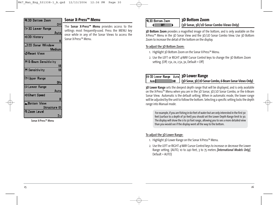 3d bottom zoom, 3d lower range, Sonar x-press™ menu | Humminbird Matrix 531338-1_A User Manual | Page 16 / 33