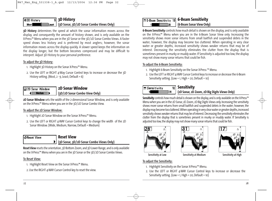Beam sensitivity, Sensitivity, 3d history | 2d sonar window, Reset view | Humminbird Matrix 531338-1_A User Manual | Page 17 / 33