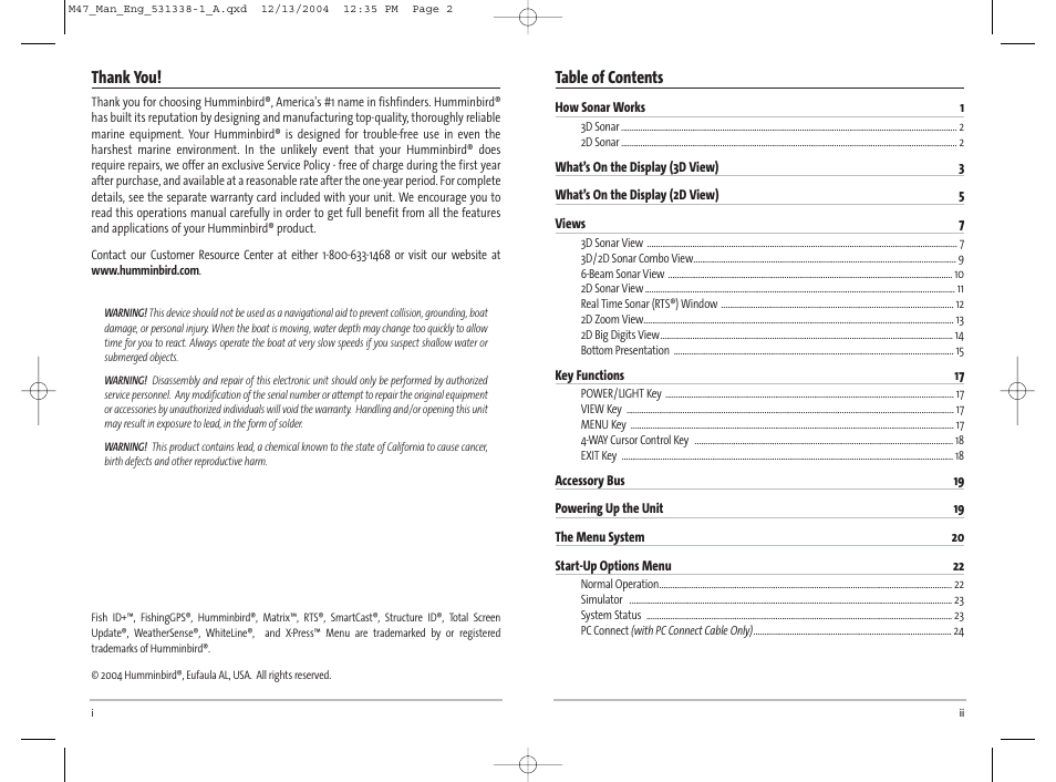 Humminbird Matrix 531338-1_A User Manual | Page 2 / 33