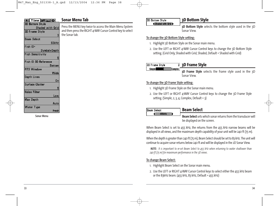 3d bottom style, 3d frame style, Beam select | Sonar menu tab | Humminbird Matrix 531338-1_A User Manual | Page 20 / 33