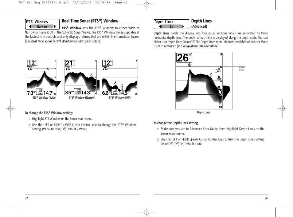Depth lines, Real time sonar (rts®) window | Humminbird Matrix 531338-1_A User Manual | Page 22 / 33
