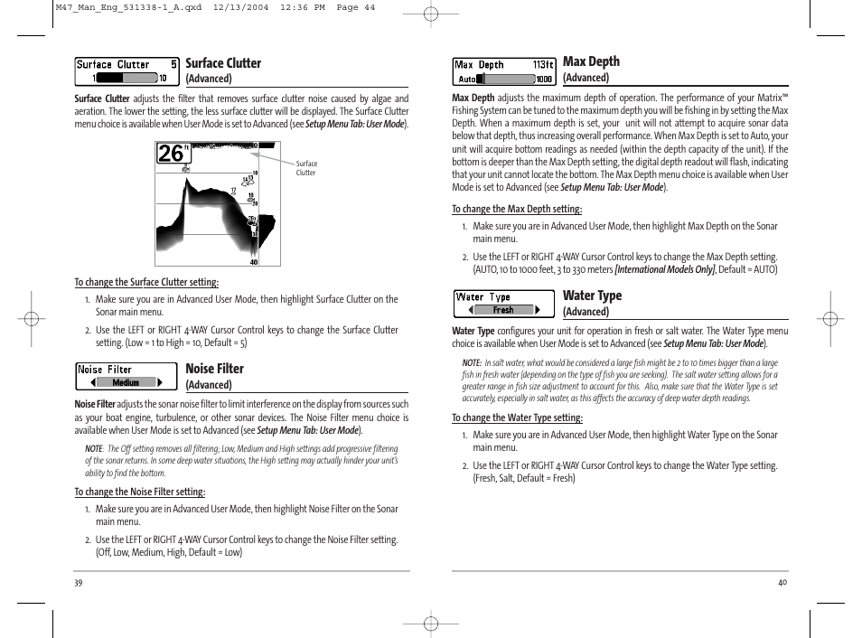 Max depth, Water type, Surface clutter | Noise filter | Humminbird Matrix 531338-1_A User Manual | Page 23 / 33