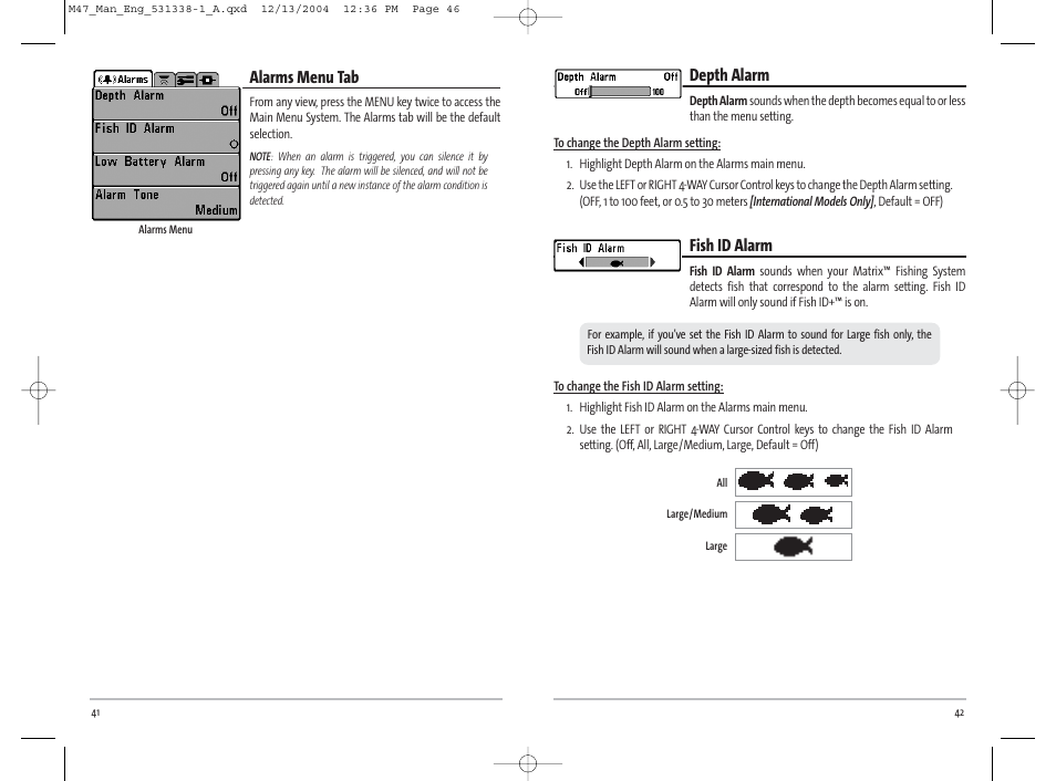 Depth alarm, Fish id alarm, Alarms menu tab | Humminbird Matrix 531338-1_A User Manual | Page 24 / 33