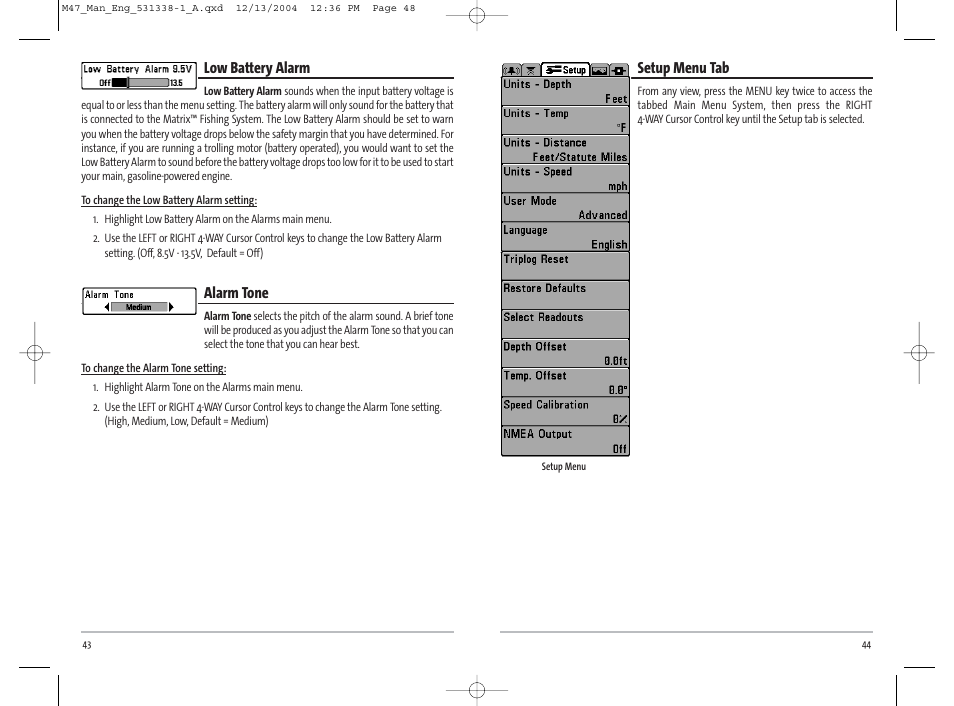 Low battery alarm, Alarm tone, Setup menu tab | Humminbird Matrix 531338-1_A User Manual | Page 25 / 33
