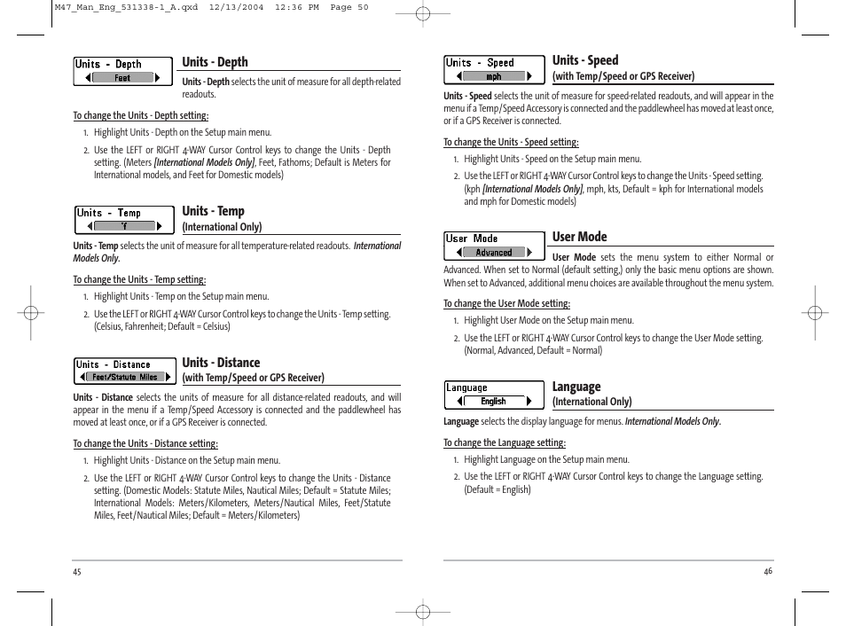 Units - speed, User mode, Language | Units - depth, Units - temp, Units - distance | Humminbird Matrix 531338-1_A User Manual | Page 26 / 33