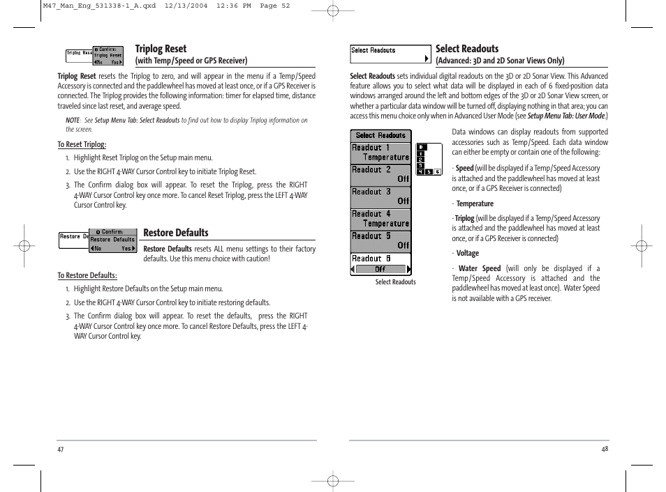 Triplog reset, Restore defaults, Select readouts | Humminbird Matrix 531338-1_A User Manual | Page 27 / 33