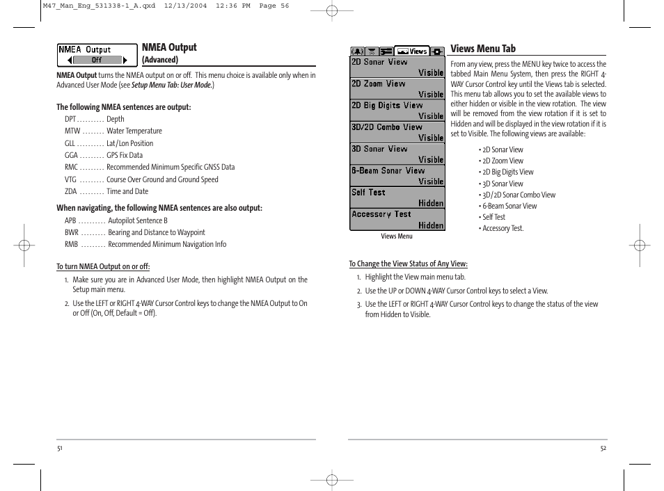 Views menu tab, Nmea output | Humminbird Matrix 531338-1_A User Manual | Page 29 / 33