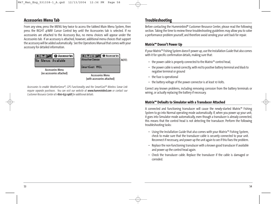 Troubleshooting, Accessories menu tab | Humminbird Matrix 531338-1_A User Manual | Page 30 / 33