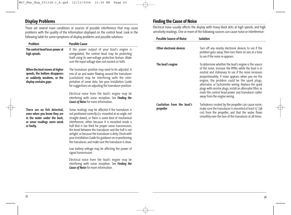 Display problems, Finding the cause of noise | Humminbird Matrix 531338-1_A User Manual | Page 31 / 33