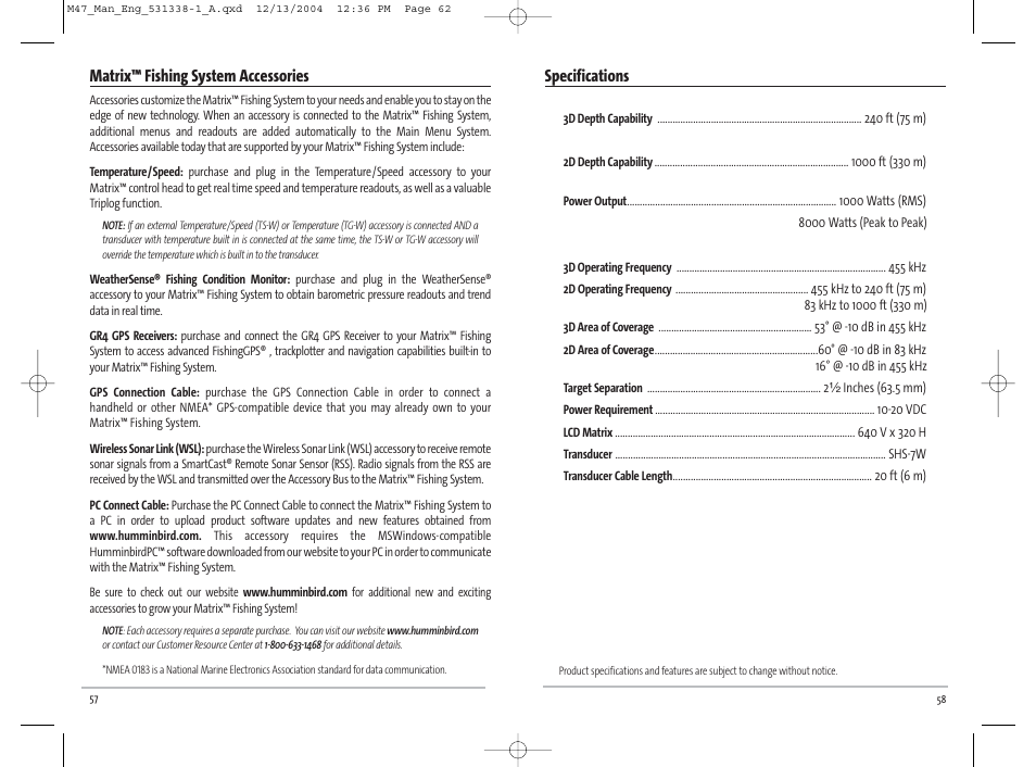 Matrix™ fishing system accessories, Specifications | Humminbird Matrix 531338-1_A User Manual | Page 32 / 33