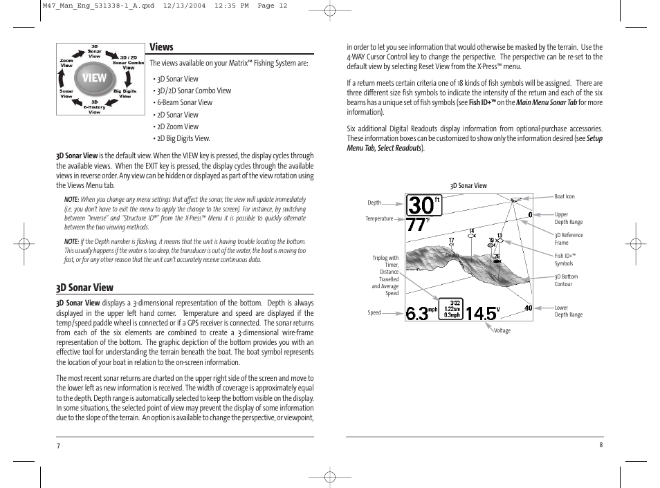 Views, 3d sonar view | Humminbird Matrix 531338-1_A User Manual | Page 7 / 33