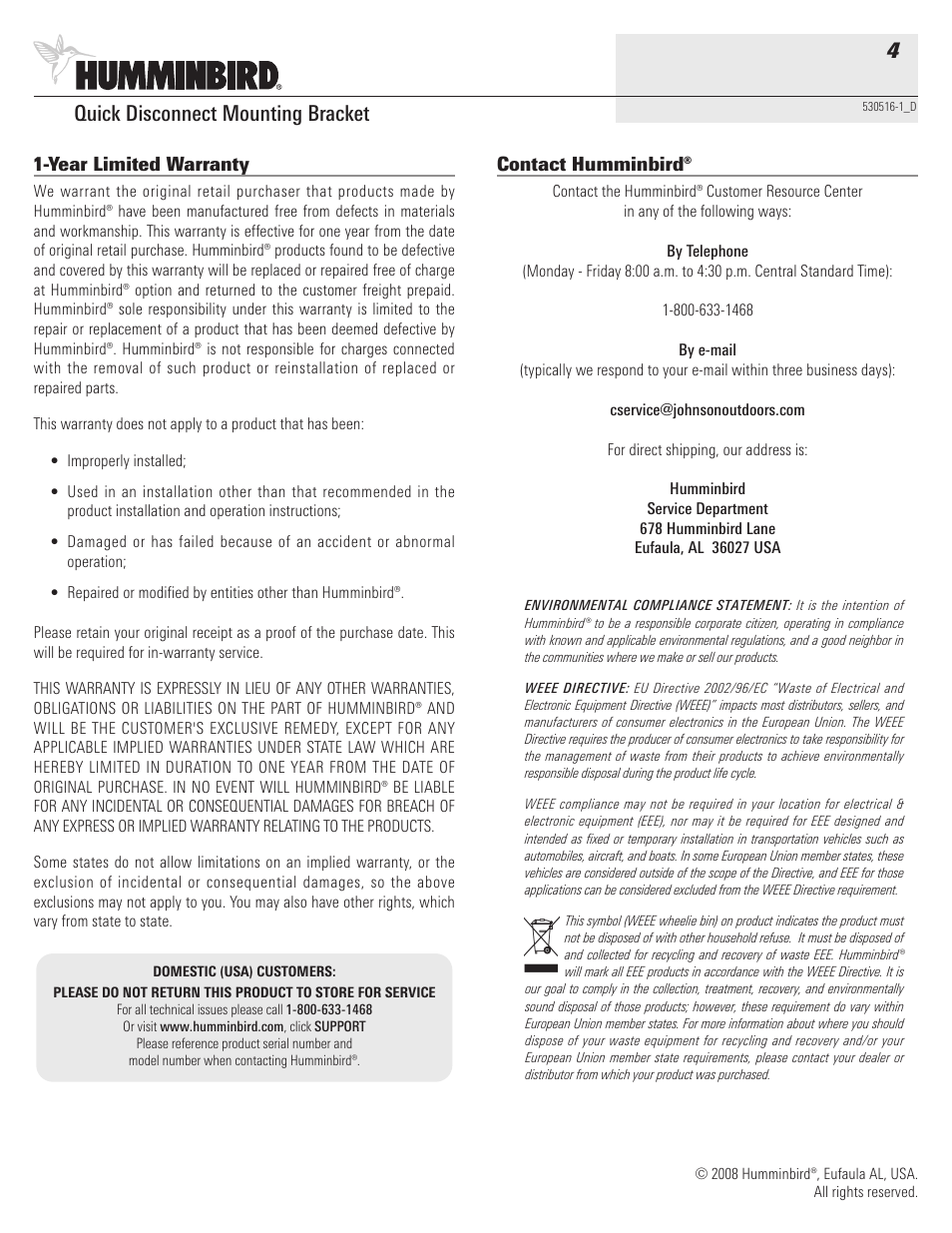 Quick disconnect mounting bracket 4 | Humminbird 530516-1_D User Manual | Page 4 / 4