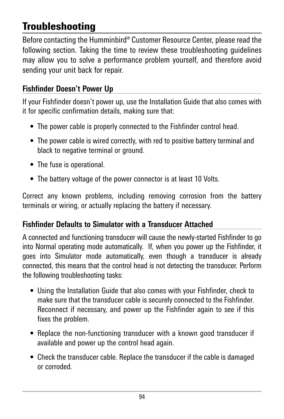 Troubleshooting | Humminbird 500 SERIES 580 User Manual | Page 101 / 134