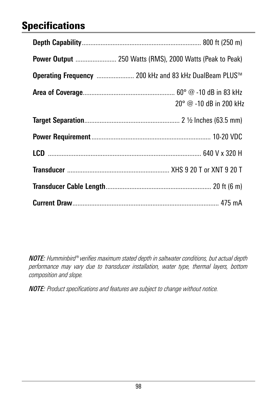 Specifications | Humminbird 500 SERIES 580 User Manual | Page 105 / 134