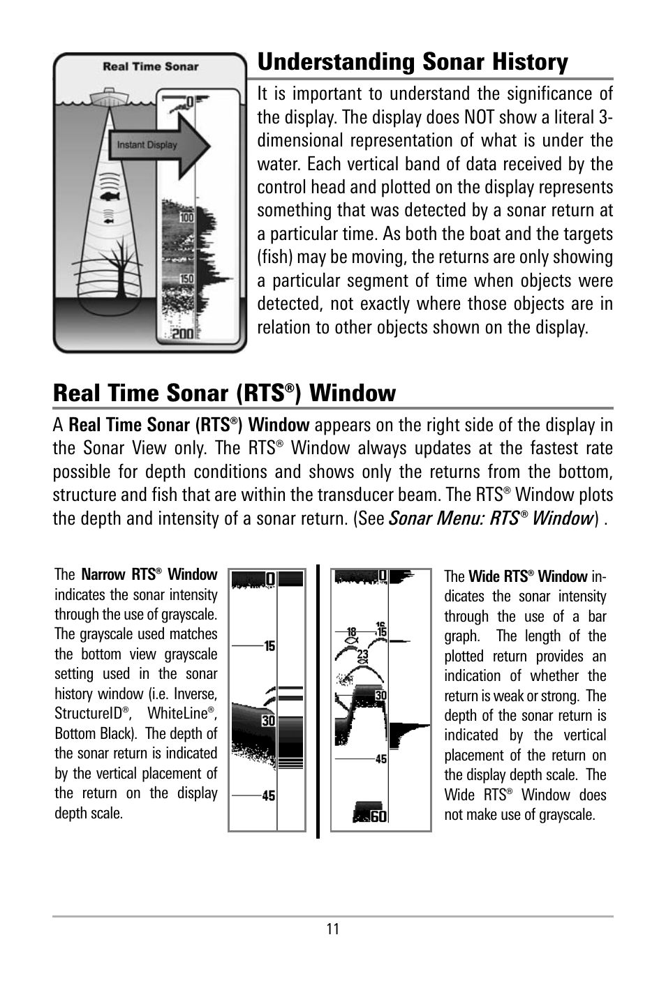 Understanding sonar history, Real time sonar (rts®) window | Humminbird 500 SERIES 580 User Manual | Page 18 / 134