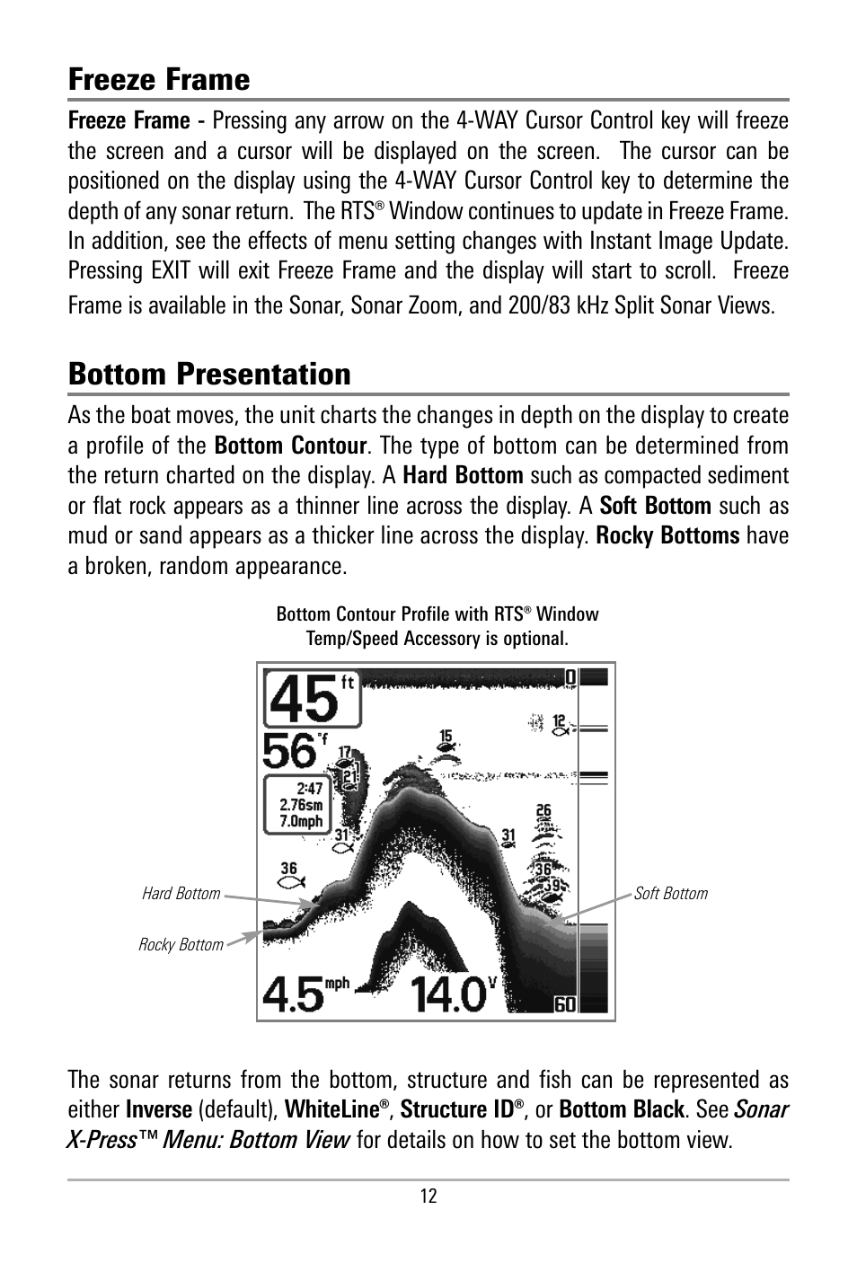 Freeze frame, Bottom presentation | Humminbird 500 SERIES 580 User Manual | Page 19 / 134