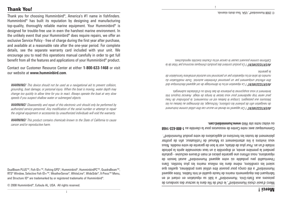 Merci | Humminbird 500 SERIES 580 User Manual | Page 2 / 134