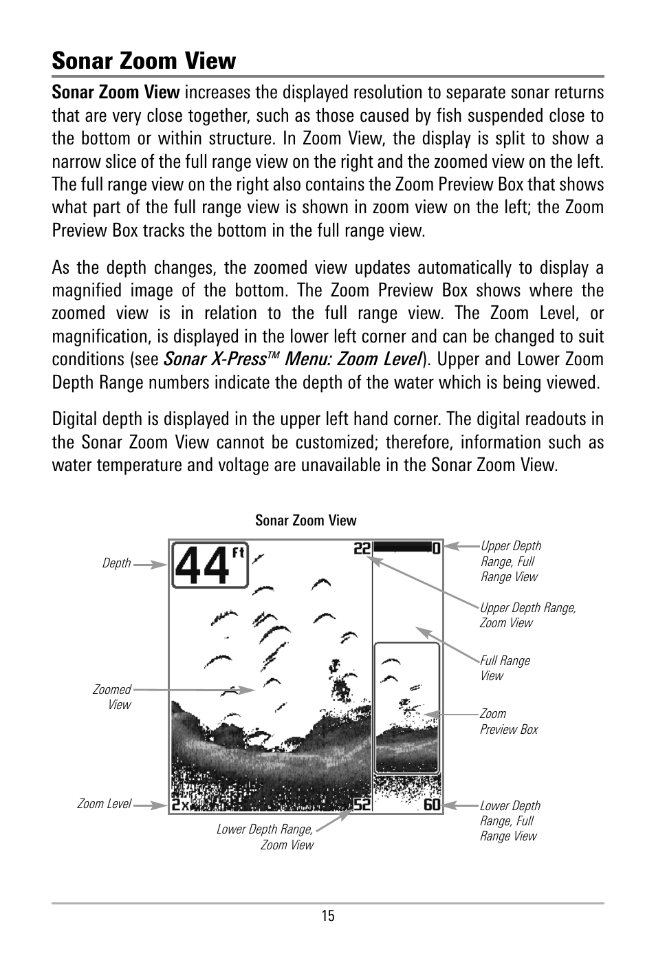 Sonar zoom view | Humminbird 500 SERIES 580 User Manual | Page 22 / 134